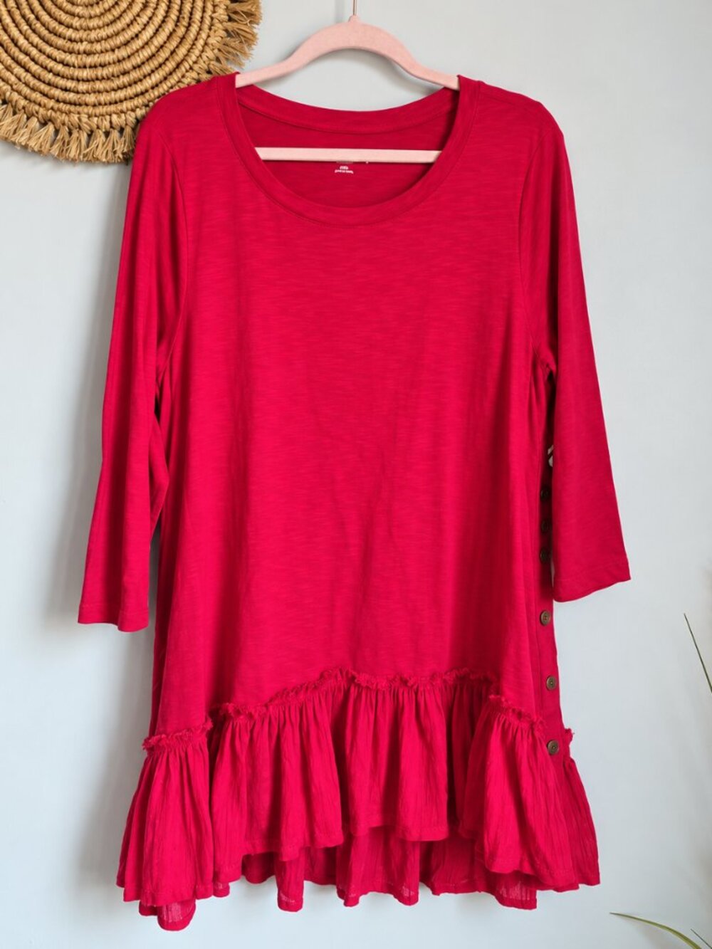 Soft Surroundings NEW Raspberry Ruffled Hem Side Button Slub Tunic Top SZ Large